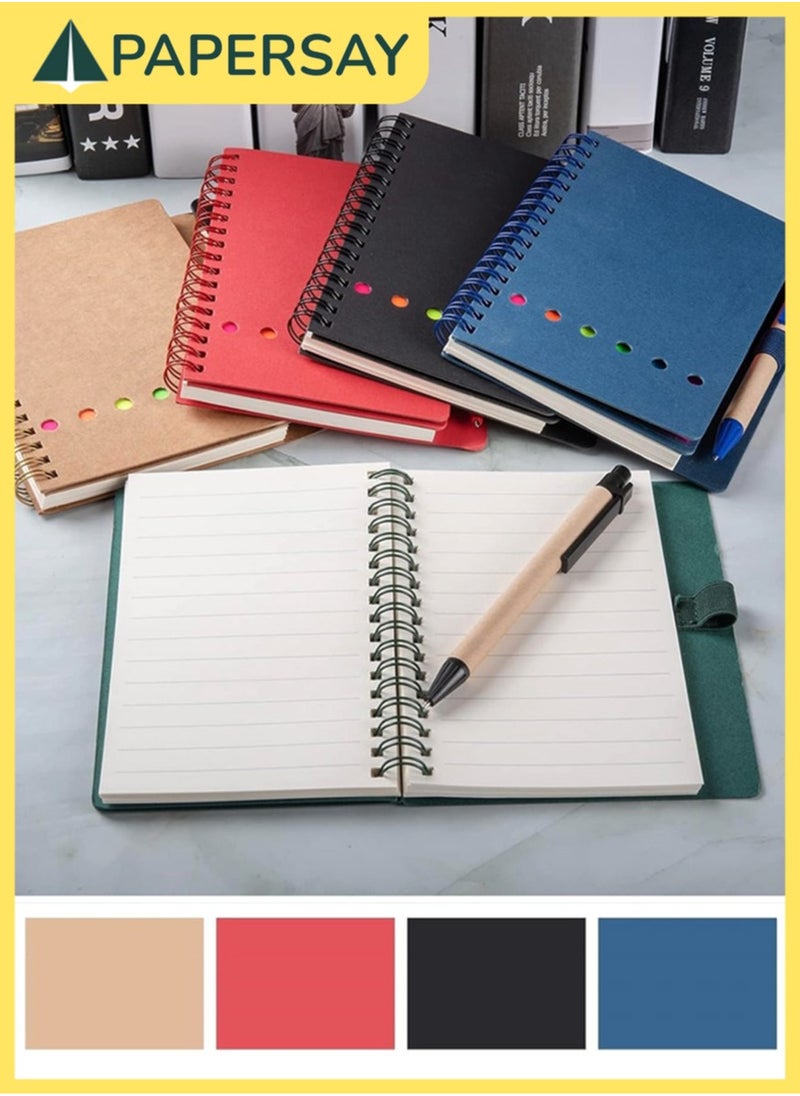 Spiral Notebooks for  Note Taking 4 Packs Small Notebooks with Pen in Holder and Sticky Notes, Page Marker Colored Index Tabs Flags (4 Colors Black/Red/Brown/Blue 4 Packs)