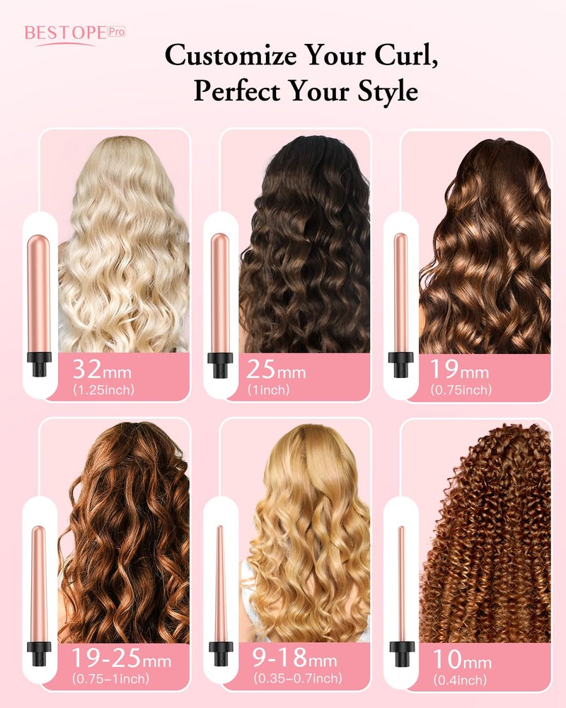 BESTOPE PRO Long Barrel Curling Iron Wand Set, BESTOPE PRO 6 in 1 Curling Wand Set with Ceramic Barrel for Long/Medium Hair, 0.35"-1.25" Interchangeable Hair Wand Curler, Dual Voltage, Include Glove & Clips - Image 2