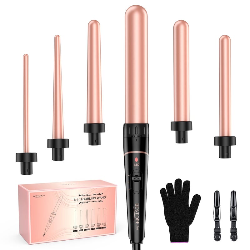 BESTOPE PRO Long Barrel Curling Iron Wand Set, BESTOPE PRO 6 in 1 Curling Wand Set with Ceramic Barrel for Long/Medium Hair, 0.35"-1.25" Interchangeable Hair Wand Curler, Dual Voltage, Include Glove & Clips - Image 1