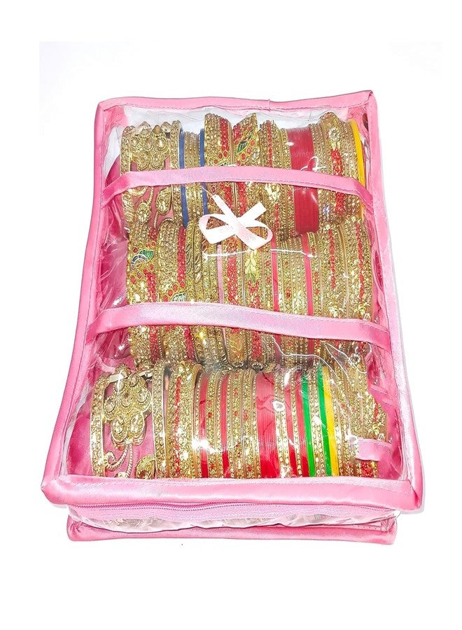 LUCES Satin 3 Rods Jewellery Bangle Storage Box Chudi Set Organizer Zipper Makeup Pouch Travelling Bag for Women (Pink | Pack of 1) - Image 1