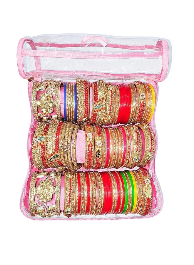 LUCES Satin 3 Rods Jewellery Bangle Storage Box Chudi Set Organizer Zipper Makeup Pouch Travelling Bag for Women (Pink | Pack of 1) - Image 2