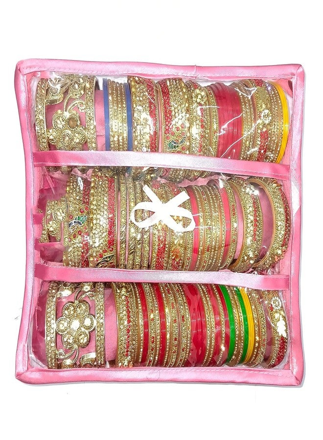 LUCES Satin 3 Rods Jewellery Bangle Storage Box Chudi Set Organizer Zipper Makeup Pouch Travelling Bag for Women (Pink | Pack of 1) - Image 3