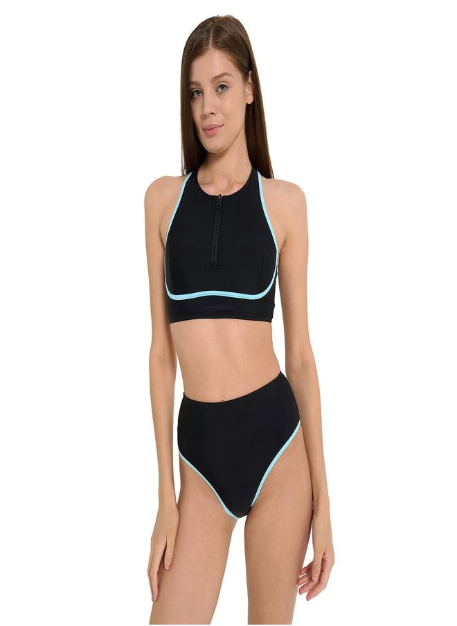 Joss Joss Women’s Zip Bodice Black/Blue – Chlorine-Resistant Creora Highclo, UPF 50+, Removable Cups, Ideal for Active Beach & Pool Days  - Image 1