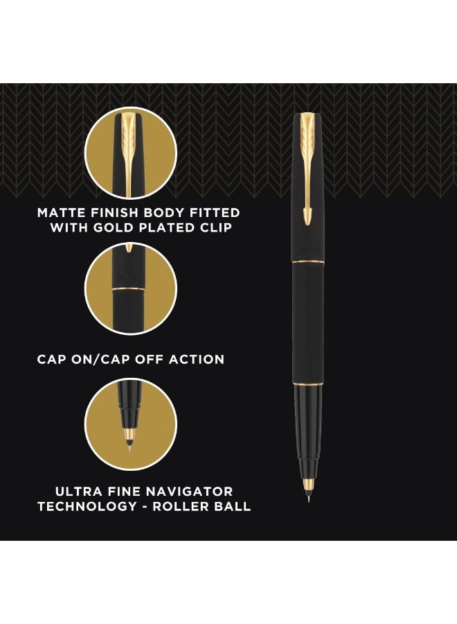 Parker Frontier Matte Black Gold Trim Roller Ball Pen| Ink Color - Blue | Perfect For Employees | Unique Gifts For Entrepreneurs - Image 2