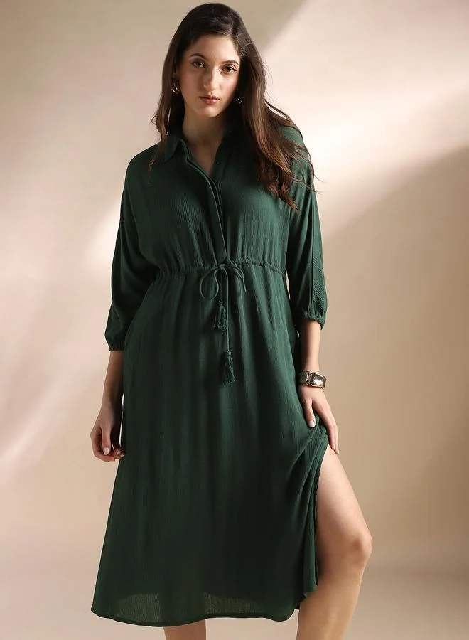 Globus Green Textured A-Line Midi Dress with 3/4 Sleeves and Drawstring Waist
