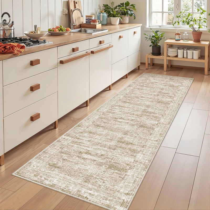 Restydon Rug Runners for Hallways Non Slip - 2x8 Runner Rug for Bedroom, Washable Runner with Rubber Backing, Soft Low-Pile Carpet for Kitchen, Laundry, Bathroom (2'x8', Brown/Ivory) - Image 3