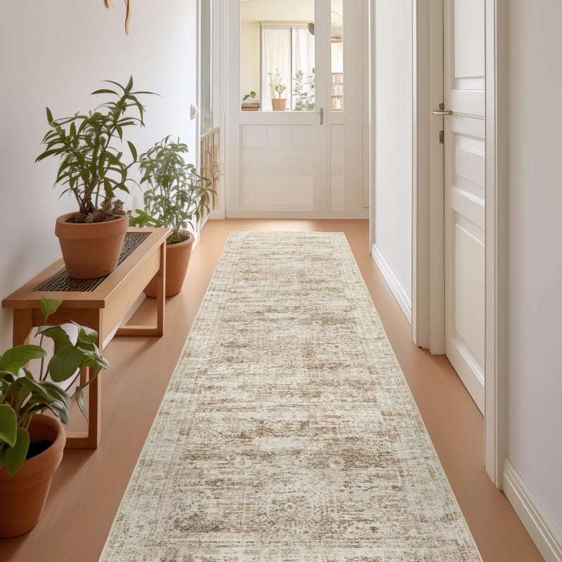 Restydon Rug Runners for Hallways Non Slip - 2x8 Runner Rug for Bedroom, Washable Runner with Rubber Backing, Soft Low-Pile Carpet for Kitchen, Laundry, Bathroom (2'x8', Brown/Ivory) - Image 1