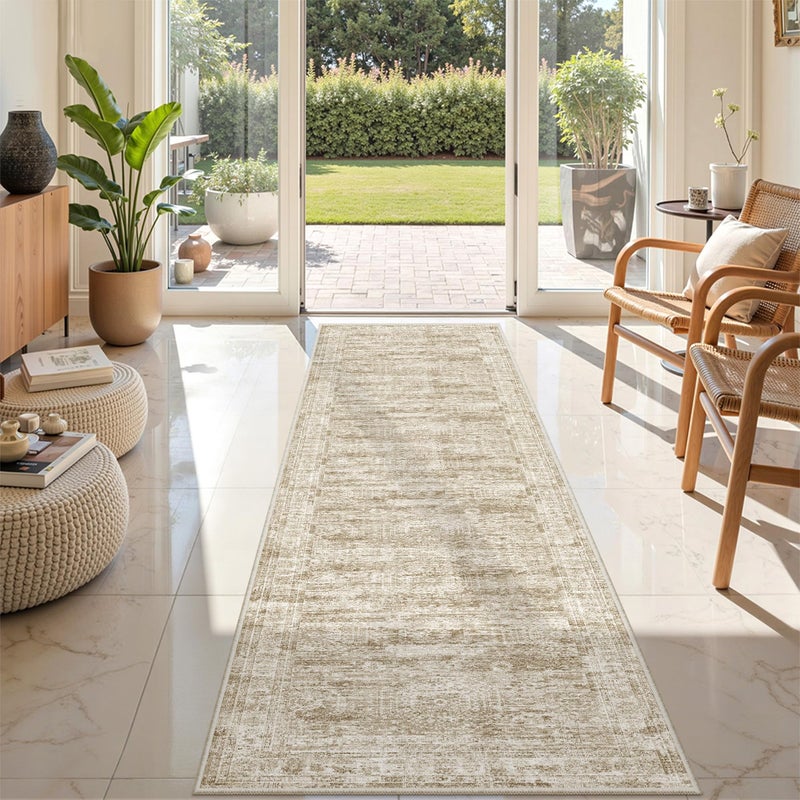 Restydon Rug Runners for Hallways Non Slip - 2x8 Runner Rug for Bedroom, Washable Runner with Rubber Backing, Soft Low-Pile Carpet for Kitchen, Laundry, Bathroom (2'x8', Brown/Ivory) - Image 2