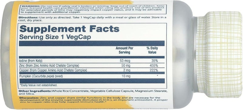 SOLARAY Zinc Copper (100 Veg Caps) - Image 2