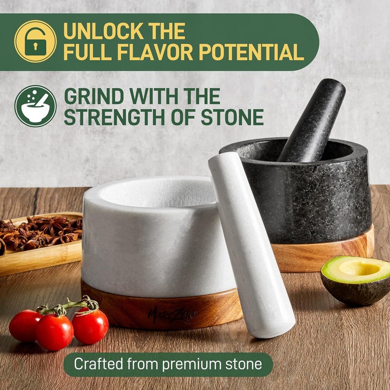 MarcZero 6inch Large Mortar and Pestle Set with Anti-Scratch Wooden Base, Heavy Duty Mortar and Pestle Made of Natural Marble(White) - Image 4