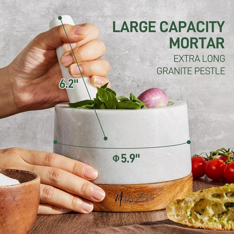 MarcZero 6inch Large Mortar and Pestle Set with Anti-Scratch Wooden Base, Heavy Duty Mortar and Pestle Made of Natural Marble(White) - Image 2