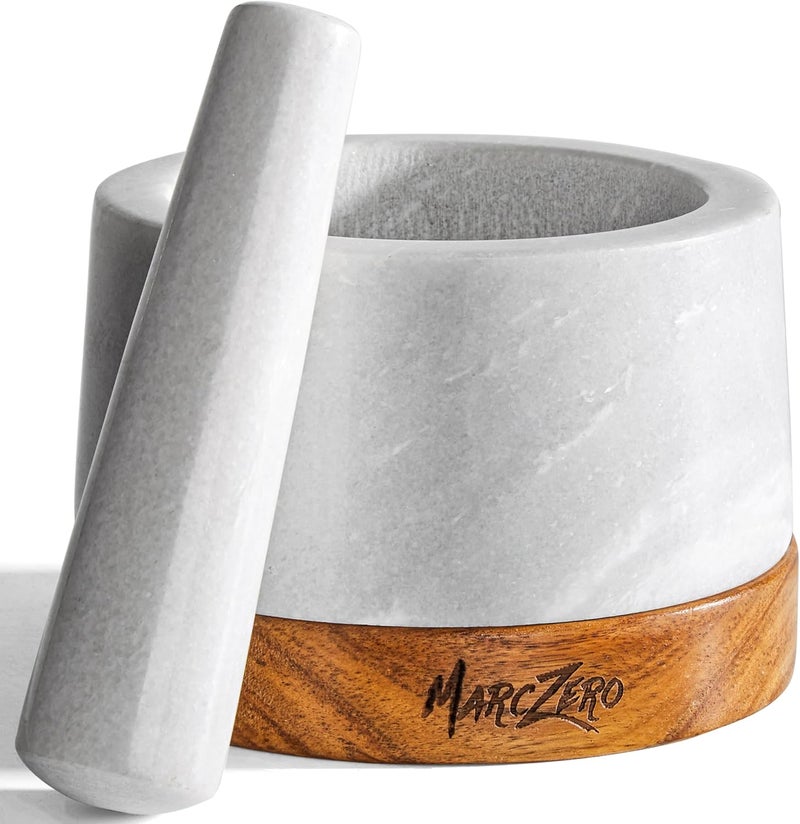 MarcZero 6inch Large Mortar and Pestle Set with Anti-Scratch Wooden Base, Heavy Duty Mortar and Pestle Made of Natural Marble(White) - Image 1