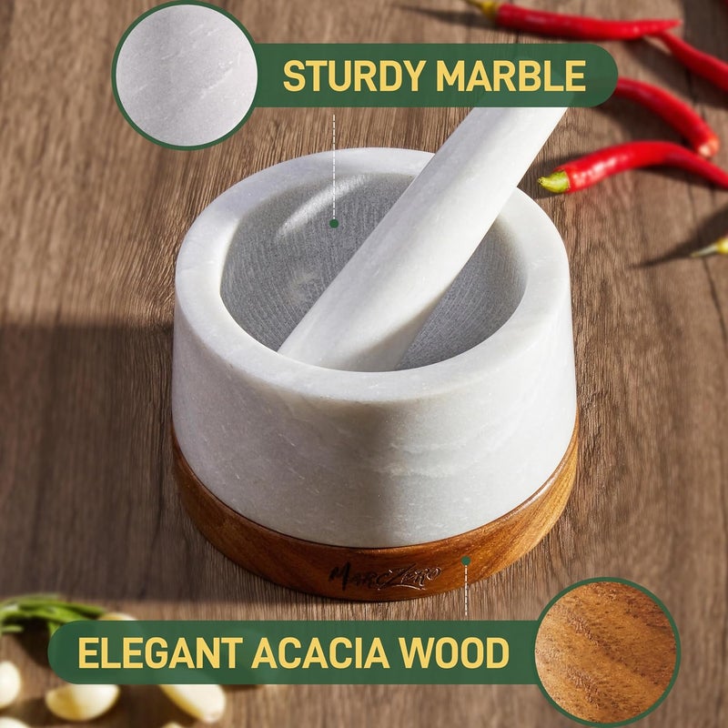 MarcZero 6inch Large Mortar and Pestle Set with Anti-Scratch Wooden Base, Heavy Duty Mortar and Pestle Made of Natural Marble(White) - Image 3