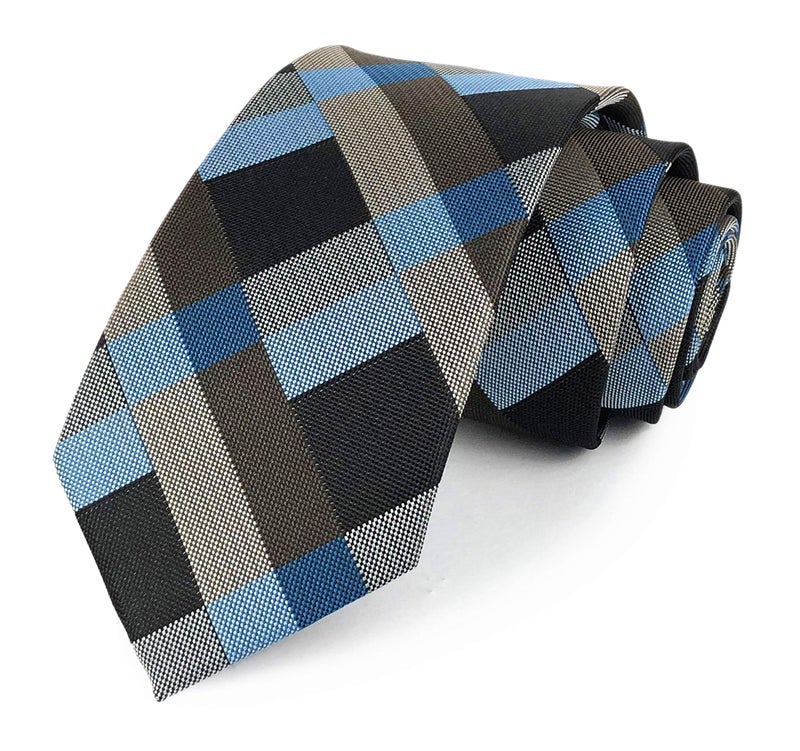 Mens Boys Checks Blue Grey Party Jacquard Woven Tie Ecofriendly Business Slim Neckties