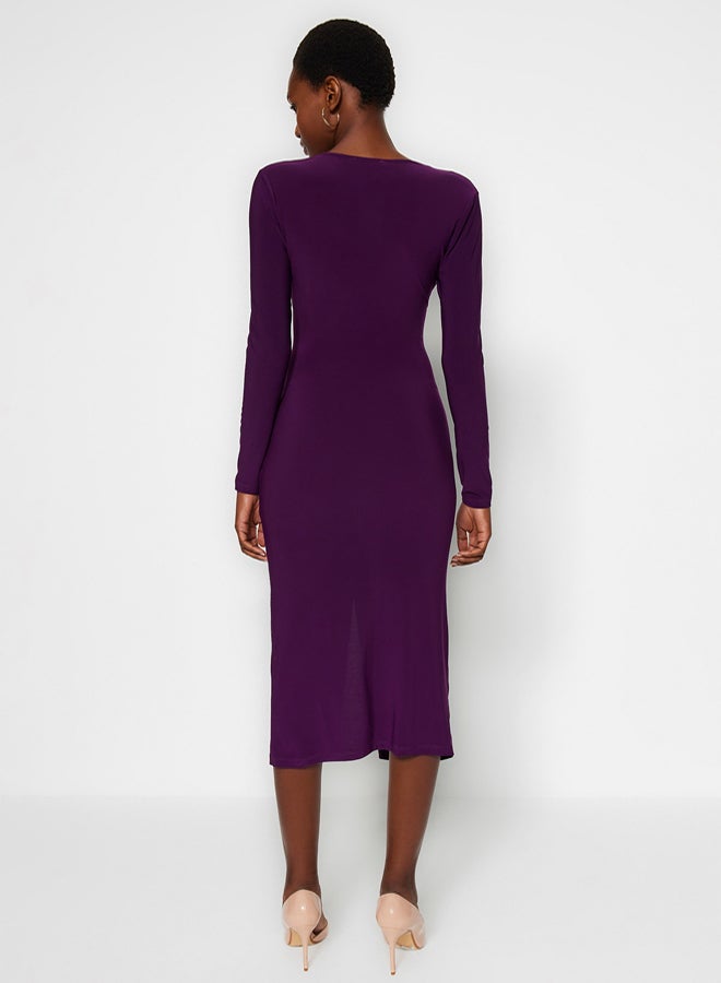 trendyol Plum Draped VNeck Fitted Flexible Midi Knitted Dress - Image 5