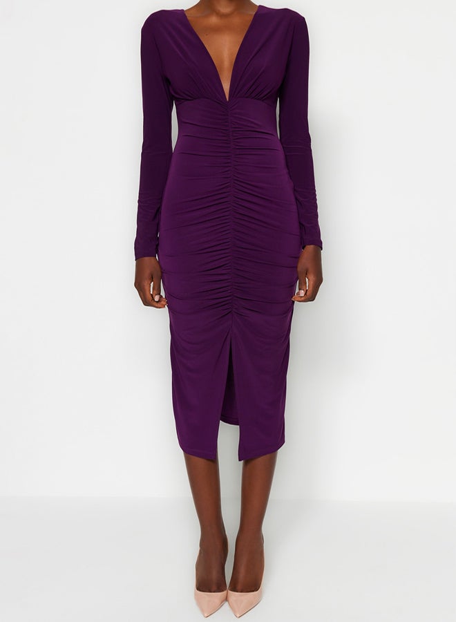 trendyol Plum Draped VNeck Fitted Flexible Midi Knitted Dress - Image 4
