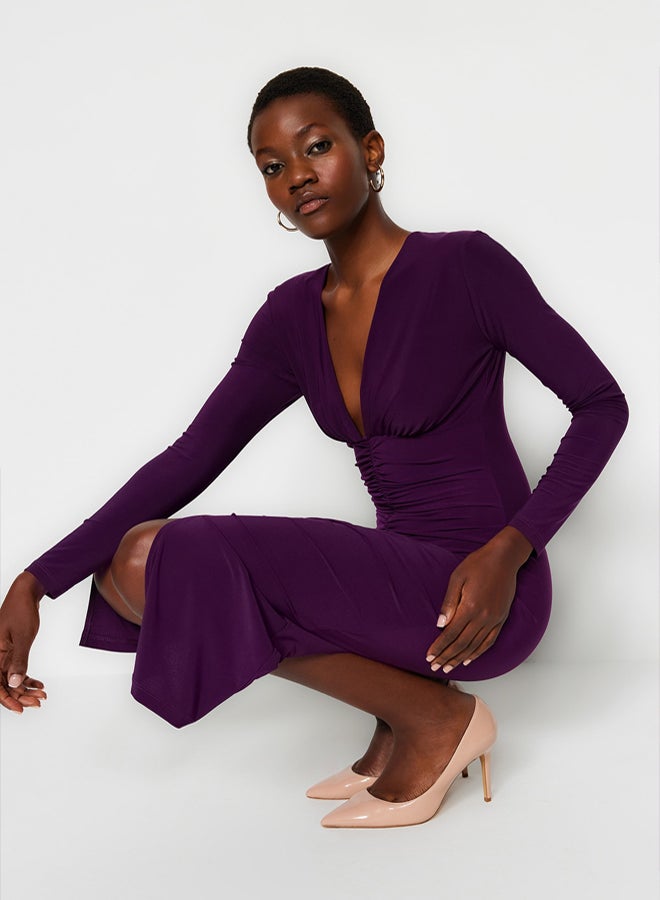 trendyol Plum Draped VNeck Fitted Flexible Midi Knitted Dress - Image 2