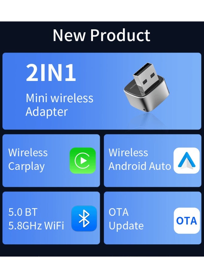 AiQi 2-in-1 Wireless CarPlay & Android Auto Adapter | Plug & Play | Bluetooth 5.0 + 5.8GHz WiFi | OTA Upgrade | Mini Car Receiver - Image 2