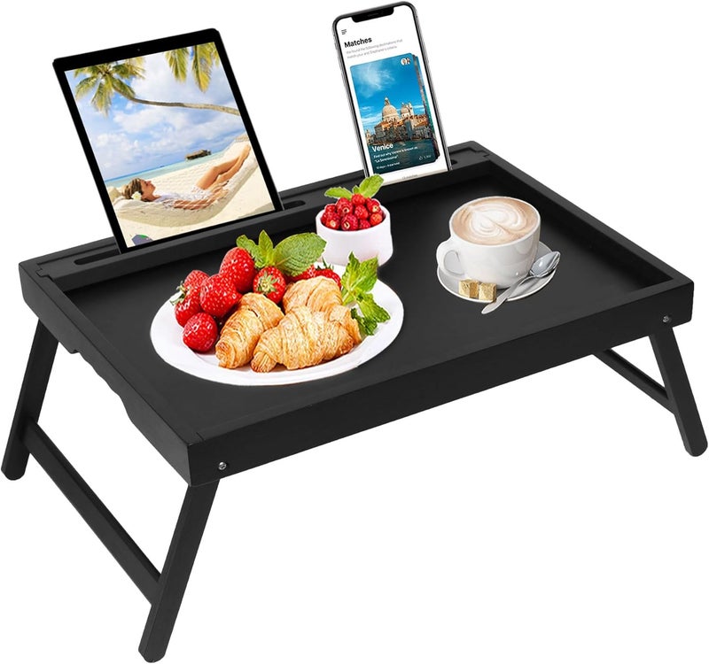 Asuthzon Bed Tray Table with Foldable Legs, Breakfast Food Trays for Eating on Couch with Media Slot for Bed, Eating, TV Tray, Kitchen Serving Tray(Black, Medium) - Image 1