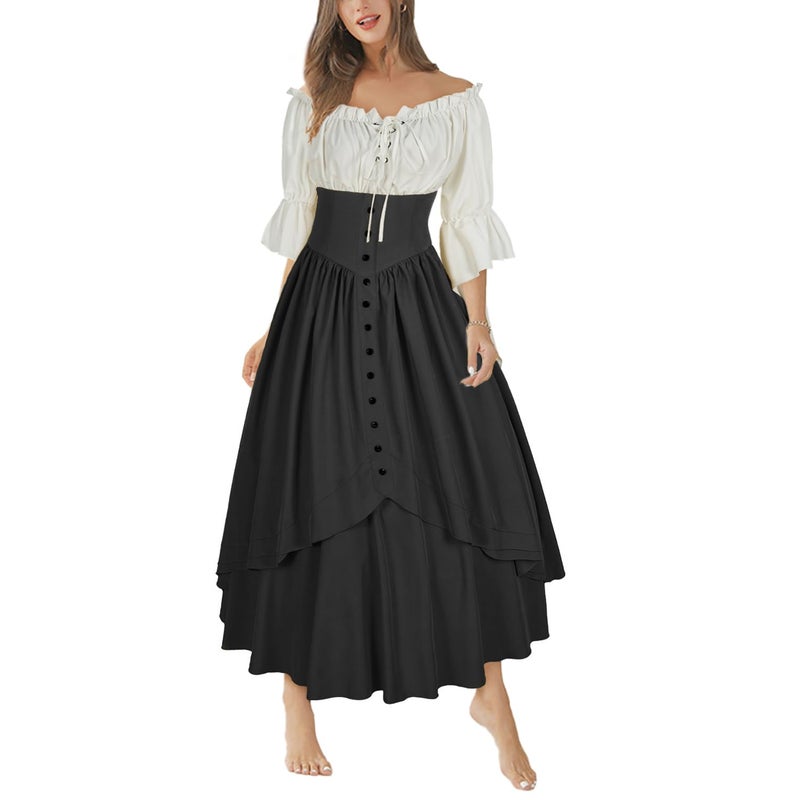 Mingyuezai Women Renaissance Costume Medieval Victorian High Waisted Button Skirt Set(M,Z2880BKST) - Image 3