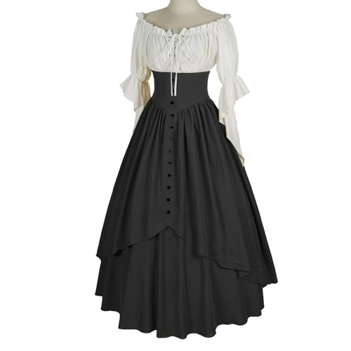 Mingyuezai Women Renaissance Costume Medieval Victorian High Waisted Button Skirt Set(M,Z2880BKST) - Image 5
