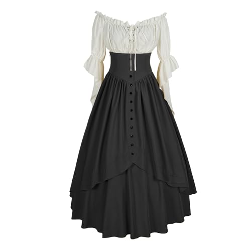 Mingyuezai Women Renaissance Costume Medieval Victorian High Waisted Button Skirt Set(M,Z2880BKST) - Image 4