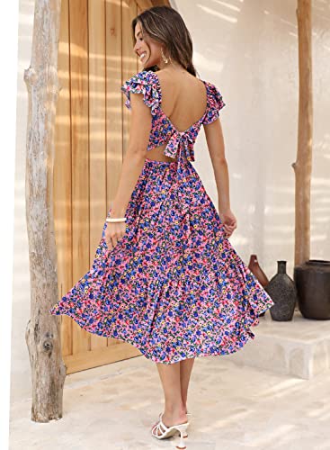 DOROSE Women's Summer Boho Dress Floral Print Smocked Square Neck Tiered Maxi Dresses Beach Sundress Purple S - Image 2