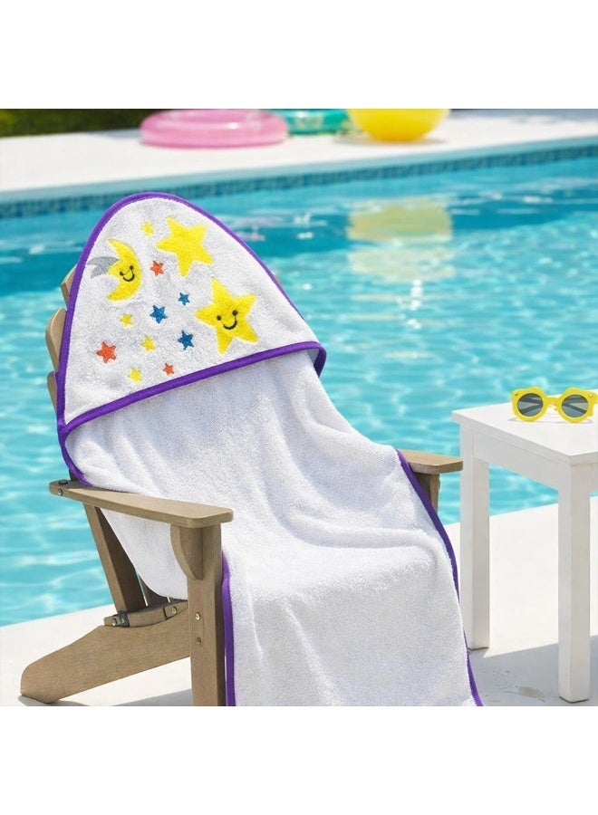 توالا منشفة حمام بغطاء رأس للأطفال، لون أبيض، بخطوط بنفسجيه ، تطريز ملون بتصاميم مرحة، قطن طبيعي ١٠٠٪، سريع الجفاف، ناعم على البشرة، ٧٥*٧٥ سم - Image 1