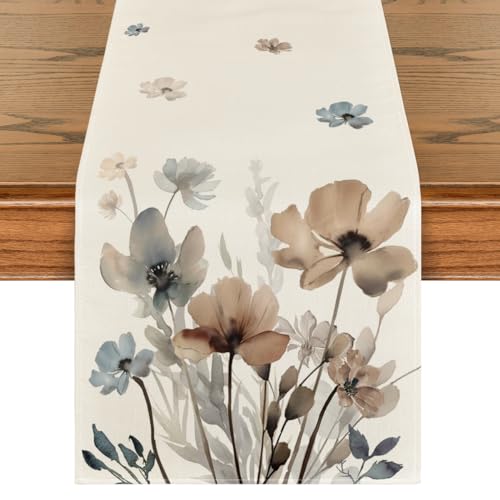 Artoid Mode Brown Poppy Floral Leaves Spring Table Runner, Seasonal Summer Kitchen Dining Table Decoration for Home Party Decor 13x72 Inch - Image 1