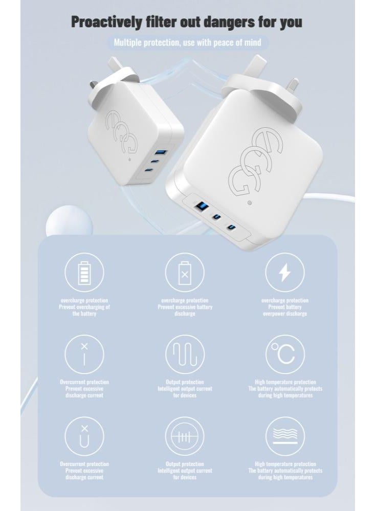 إج شاحن جداري 100 واط ثلاثة منافذ، اشحن حياتك بسرعة  شاحن 100 واط مزود بمنفذين USB-C ومنفذ USB-A واحد، يلبي تمامًا احتياجات الشحن السريع والشحن المتزامن لعدة أجهزة عبر بروتوكول PD3.0 - Image 4