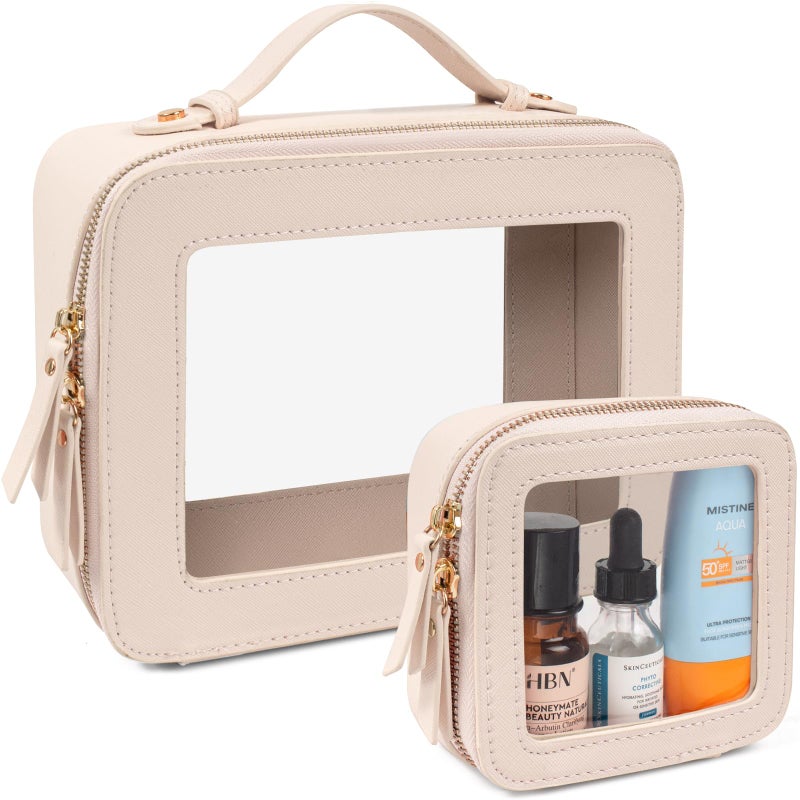 LETGO Clear Makeup Bags Set  TSA Approved Toiletry Bag with Handle Large Opening Clear Toiletry Bags Case Pouch for Traveling Travel Car Orangizer Storage EssentialsMiniLarge Beige