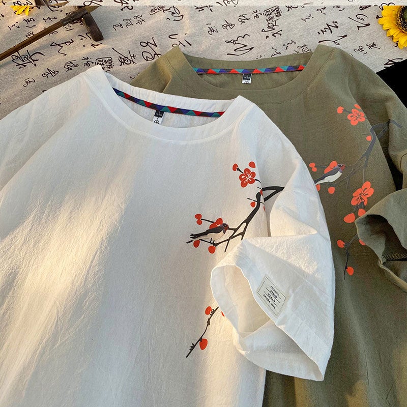 Chinese Style Plum Blossom Short Sleeve T-Shirt Cotton And Linen New Chinese Style Loose Half Sleeve T-Shirt T3525-P25 [Special Offer] Q - Image 4