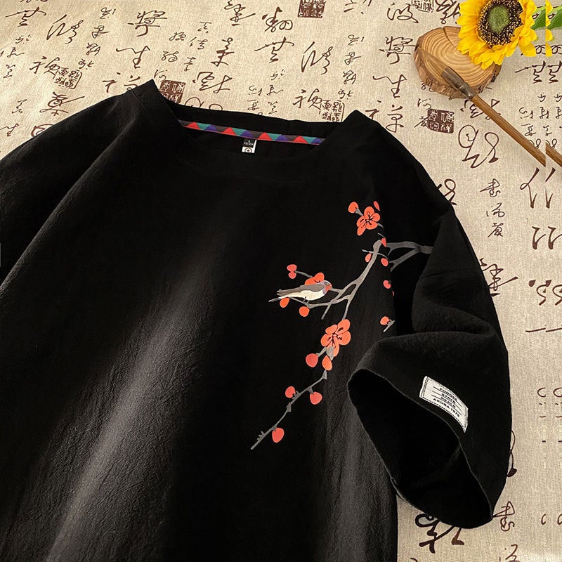 Chinese Style Plum Blossom Short Sleeve T-Shirt Cotton And Linen New Chinese Style Loose Half Sleeve T-Shirt T3525-P25 [Special Offer] Q - Image 1