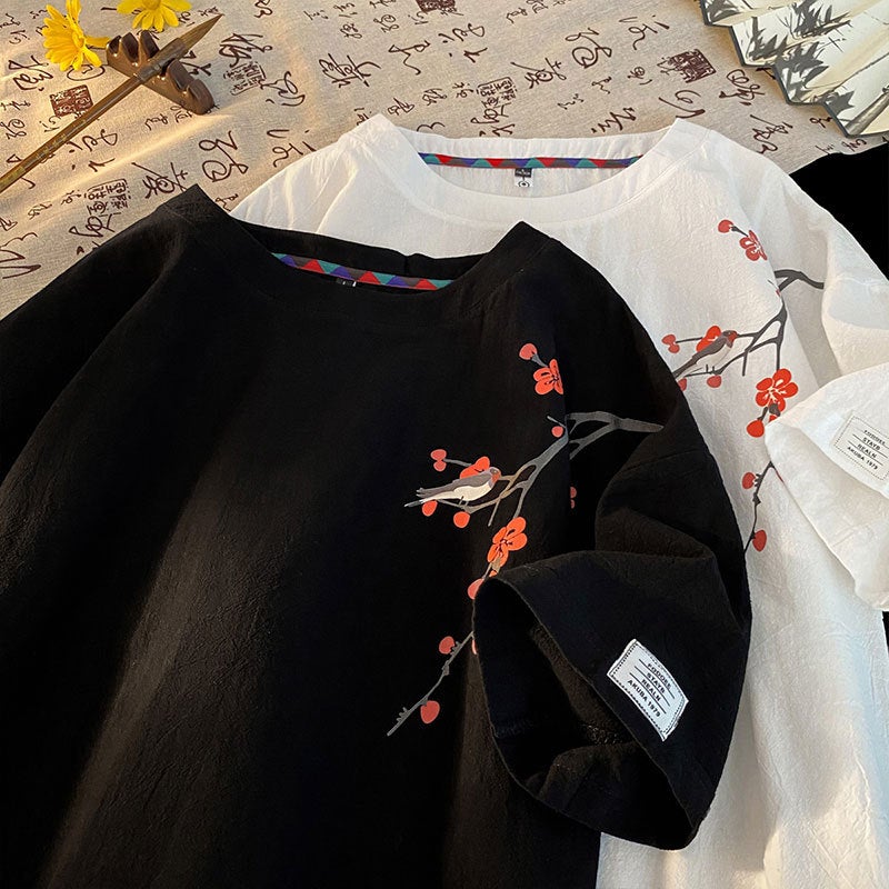 Chinese Style Plum Blossom Short Sleeve T-Shirt Cotton And Linen New Chinese Style Loose Half Sleeve T-Shirt T3525-P25 [Special Offer] Q - Image 3