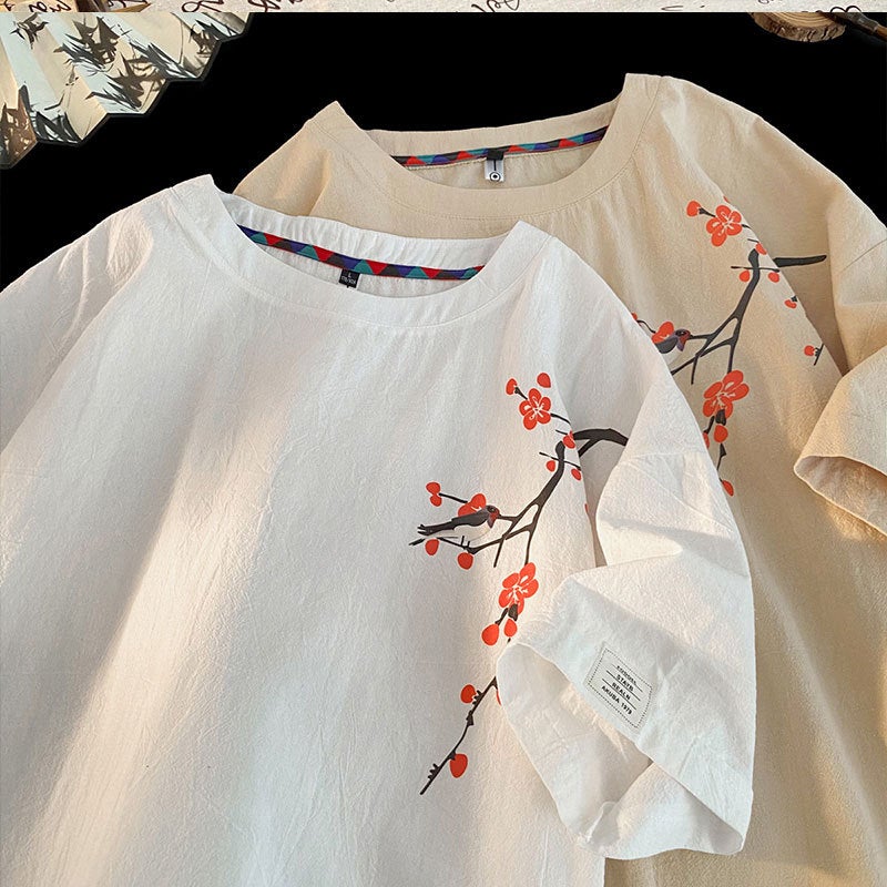 Chinese Style Plum Blossom Short Sleeve T-Shirt Cotton And Linen New Chinese Style Loose Half Sleeve T-Shirt T3525-P25 [Special Offer] Q - Image 2