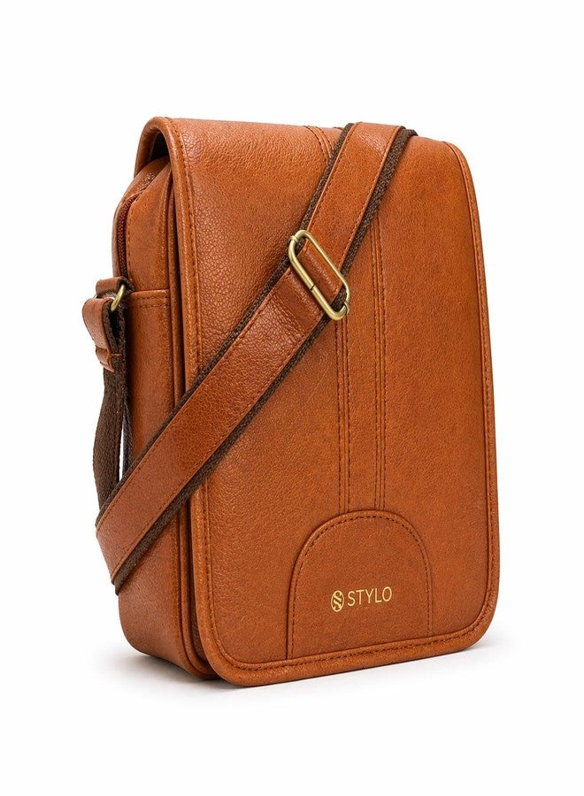 Stylo Men’s Leather Sling Bag Crossbody - Premium PU Leather Messenger Shoulder Bag with Adjustable Strap, Multiple Compartments, Lightweight & Waterproof Travel Office Daily Use (Tan) - Image 2