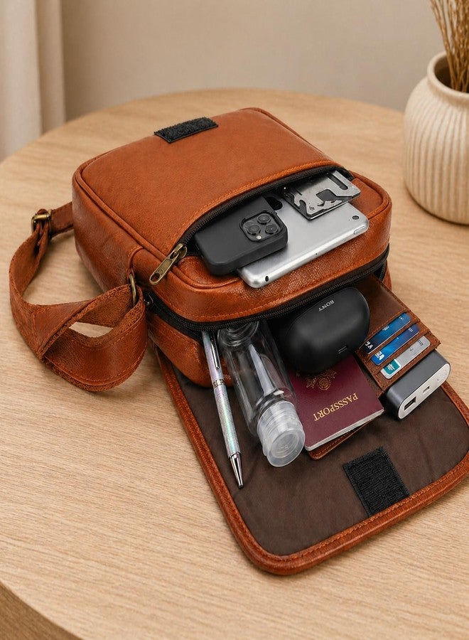Stylo Men’s Leather Sling Bag Crossbody - Premium PU Leather Messenger Shoulder Bag with Adjustable Strap, Multiple Compartments, Lightweight & Waterproof Travel Office Daily Use (Tan) - Image 4