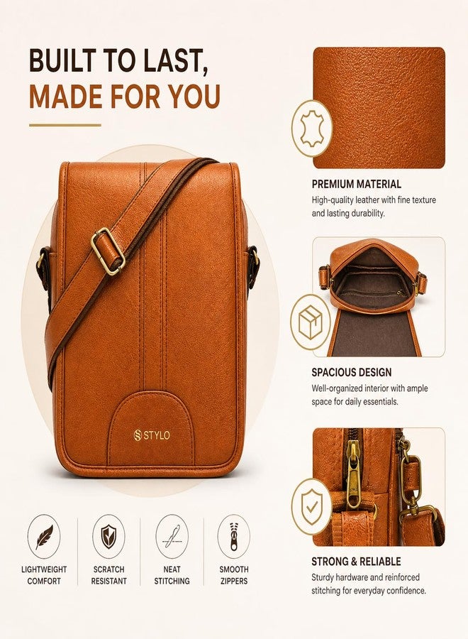 Stylo Men’s Leather Sling Bag Crossbody - Premium PU Leather Messenger Shoulder Bag with Adjustable Strap, Multiple Compartments, Lightweight & Waterproof Travel Office Daily Use (Tan) - Image 3