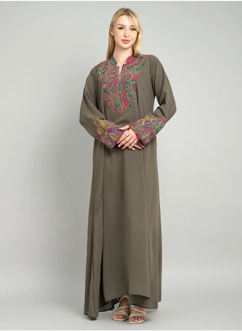 IKKXA Solid Embroidery Elegant Jalabiya XJ1005 Brown