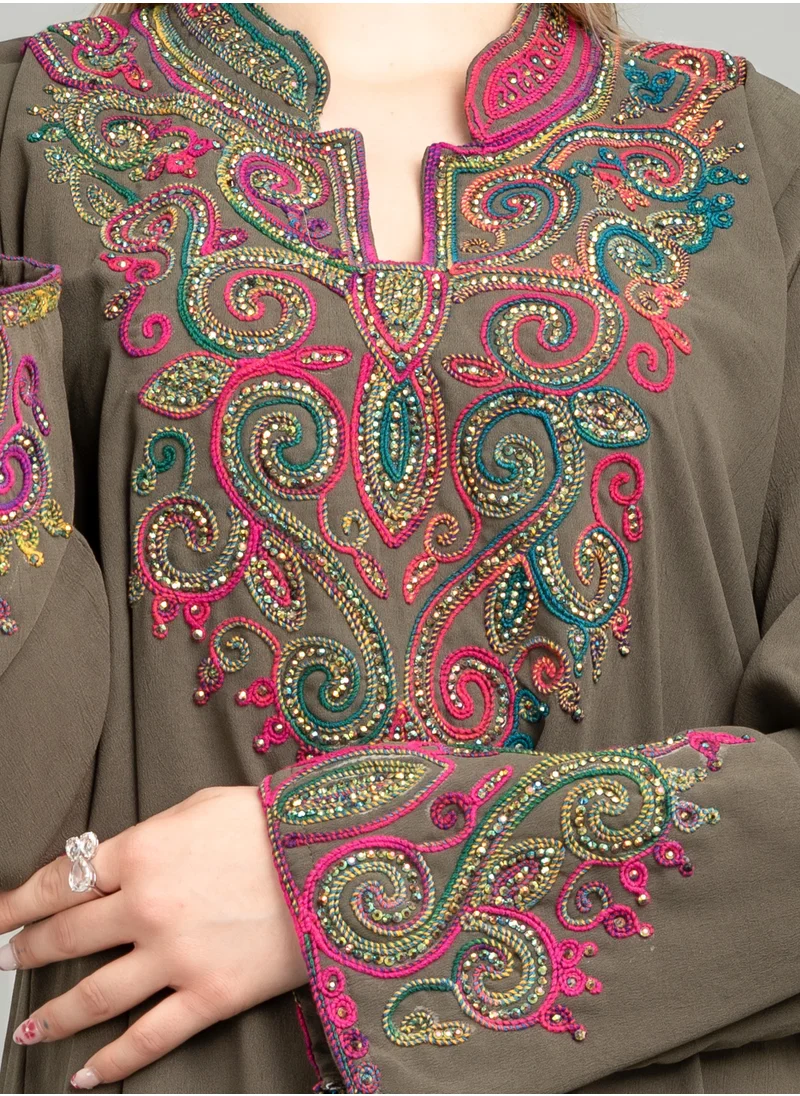 IKKXA Solid Embroidery Elegant Jalabiya XJ1005 Brown