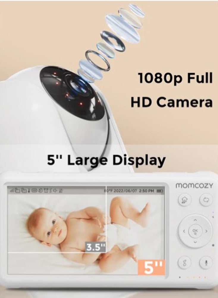 Video Baby Monitor, 1080P 5 Inch HD Baby Monitor with Camera and Audio, Infrared Night Vision, 5000mAh Battery, Two-Way Audio, Temperature Sensor, Lullabies and 960 Feet Range, Perfect for New Moms