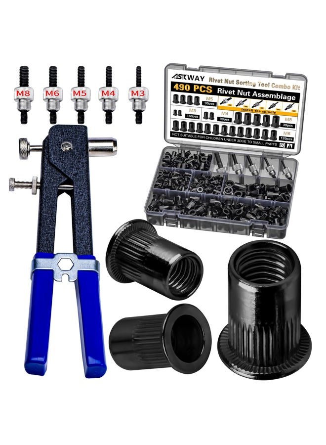AskWay Pressure Rivet Nut Tool Kit, 490Pcs Black Zinc Metric Rivet Nut Combination (M8/M6/M5/M4/M3), Suitable for Furniture, Decoration, Automotive, Marine and Industrial Applications - Image 1