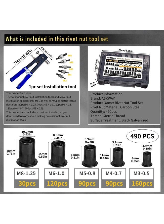 AskWay Pressure Rivet Nut Tool Kit, 490Pcs Black Zinc Metric Rivet Nut Combination (M8/M6/M5/M4/M3), Suitable for Furniture, Decoration, Automotive, Marine and Industrial Applications - Image 2