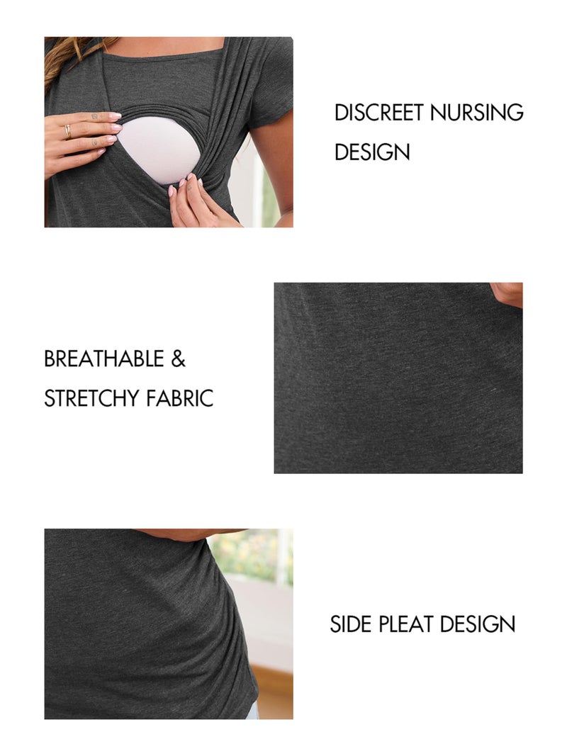 Ecavus 3PCS Women's Maternity Nursing Tops for Breastfeeding Short Sleeve Side Ruched Nursing Shirts - Image 3