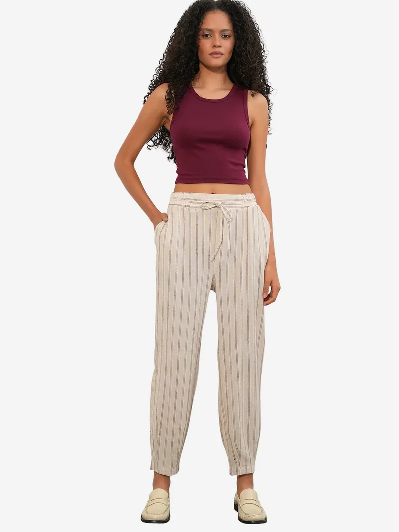 Big Dart Oatmeal Natural BDART Striped Linen-blend Jogger Pants for Women | Best Price UAE