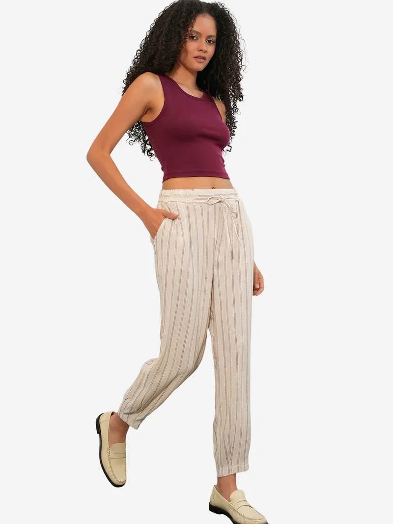 Big Dart Oatmeal Natural BDART Striped Linen-blend Jogger Pants for Women | Best Price UAE