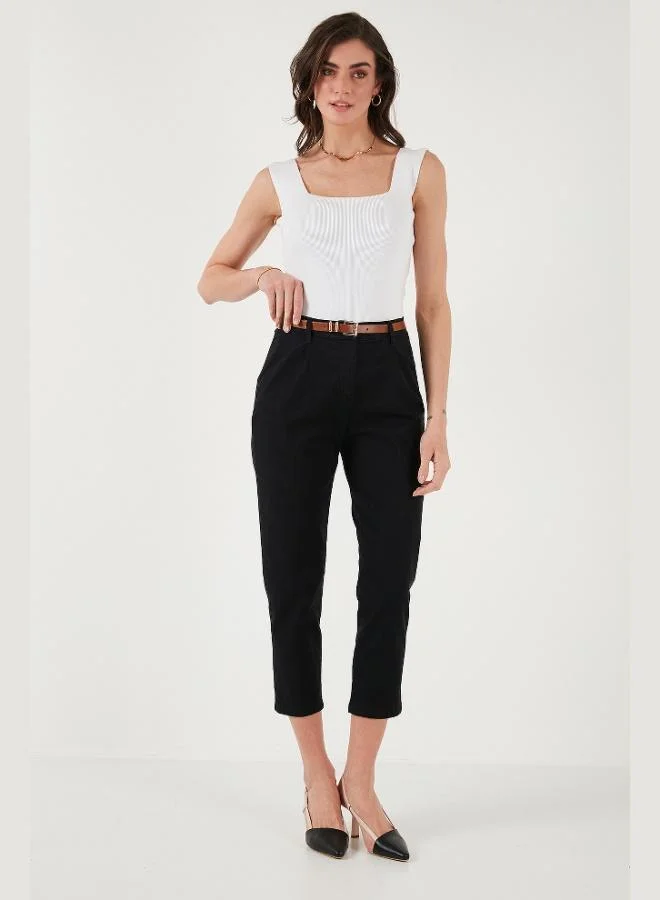 Lela Lela Stretch Cotton Regular Fit High Waist Straight Short Leg Belted Trousers Women's TROUSERS 668YP5335