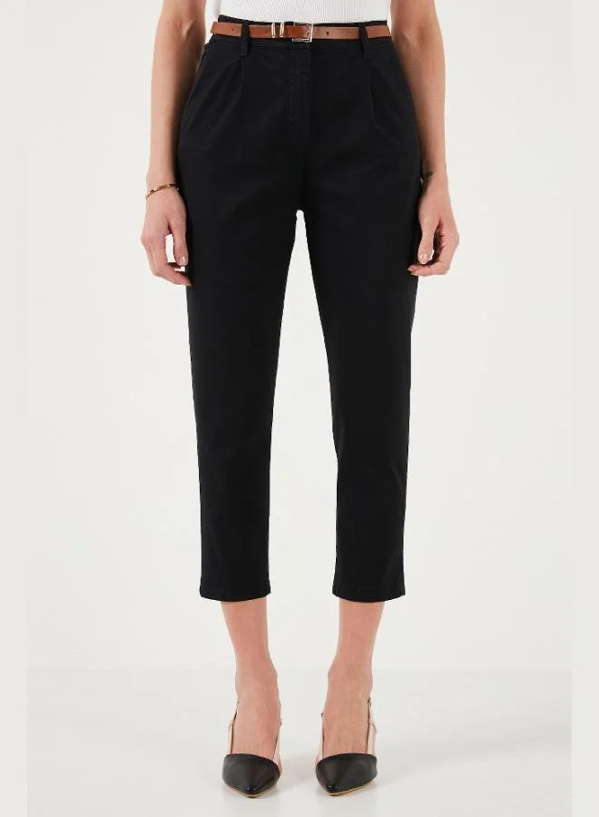 Lela Lela Stretch Cotton Regular Fit High Waist Straight Short Leg Belted Trousers Women's TROUSERS 668YP5335