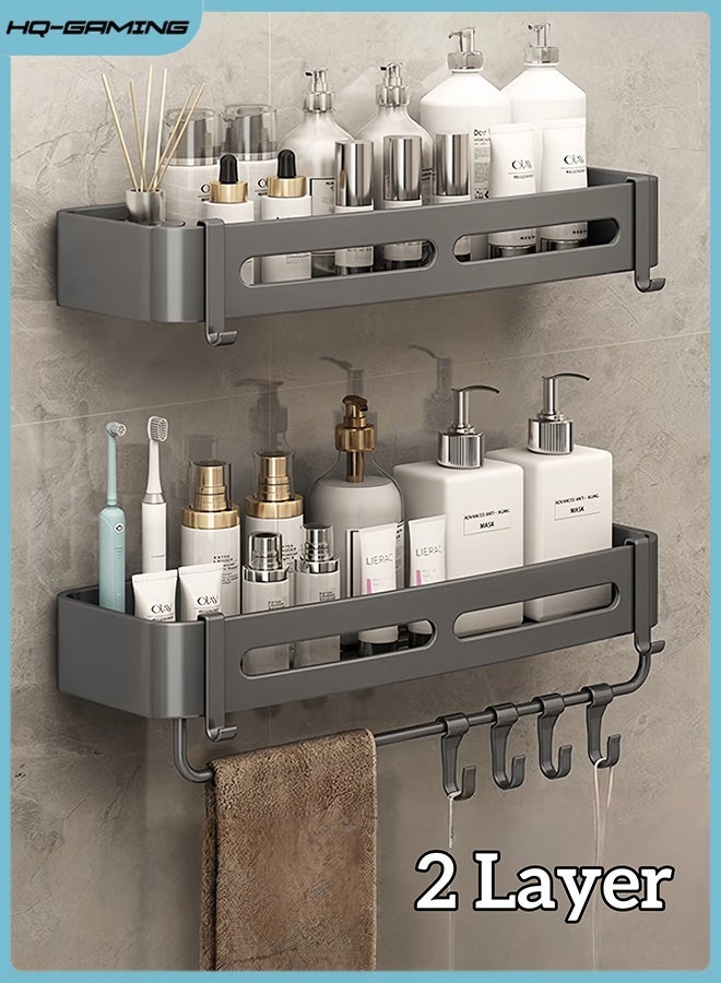 إتش كيو جيمنغ حامل دش، رف حمام، منظمات دش الحمام، رف تخزين دش مقاوم للصدأ مثبت على الحائط مع رف برج وخطافات، رفوف دش من الألومنيوم المقاوم للصدأ، حامل شامبو منظم (عبوة من قطعتين) - Image 1