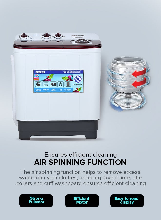 GEEPAS TwinTub Semi- Automatic 7 Kg Washing Machine |  Top Load Semi Automatic Washing Machine Quick Turbo Wash |Transparent Top Lid 7 kg 350 W GSWM18041 White/Grey/Meroon - Image 3